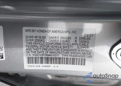 2021 Honda Accord Hybrid Ex-L z USA, uszkodzony, nr VIN 1HGCV3F55MA010317